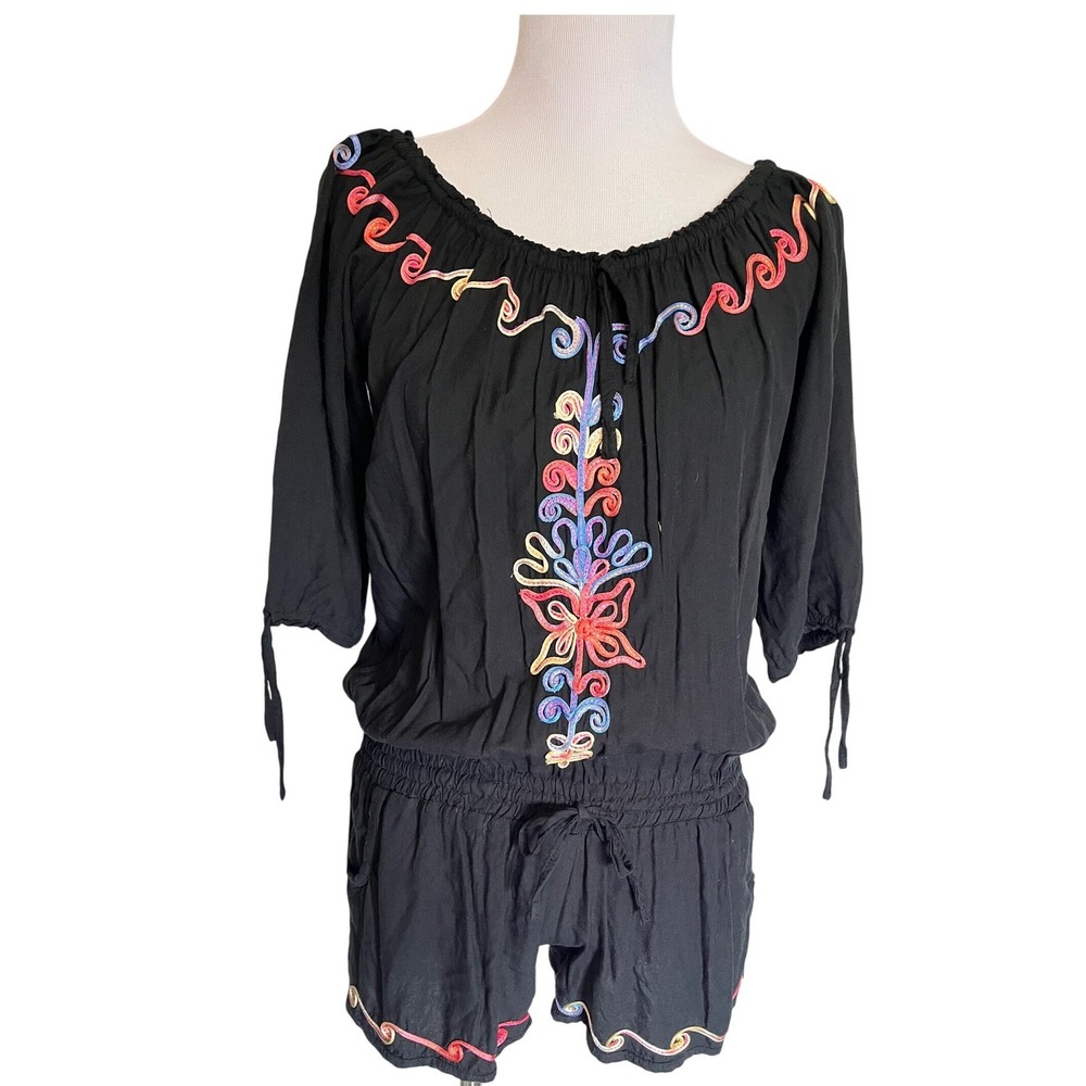 Uluvatu Embroidered Romper Size M Rainbow Piping Beach Resort Vacation Tropical